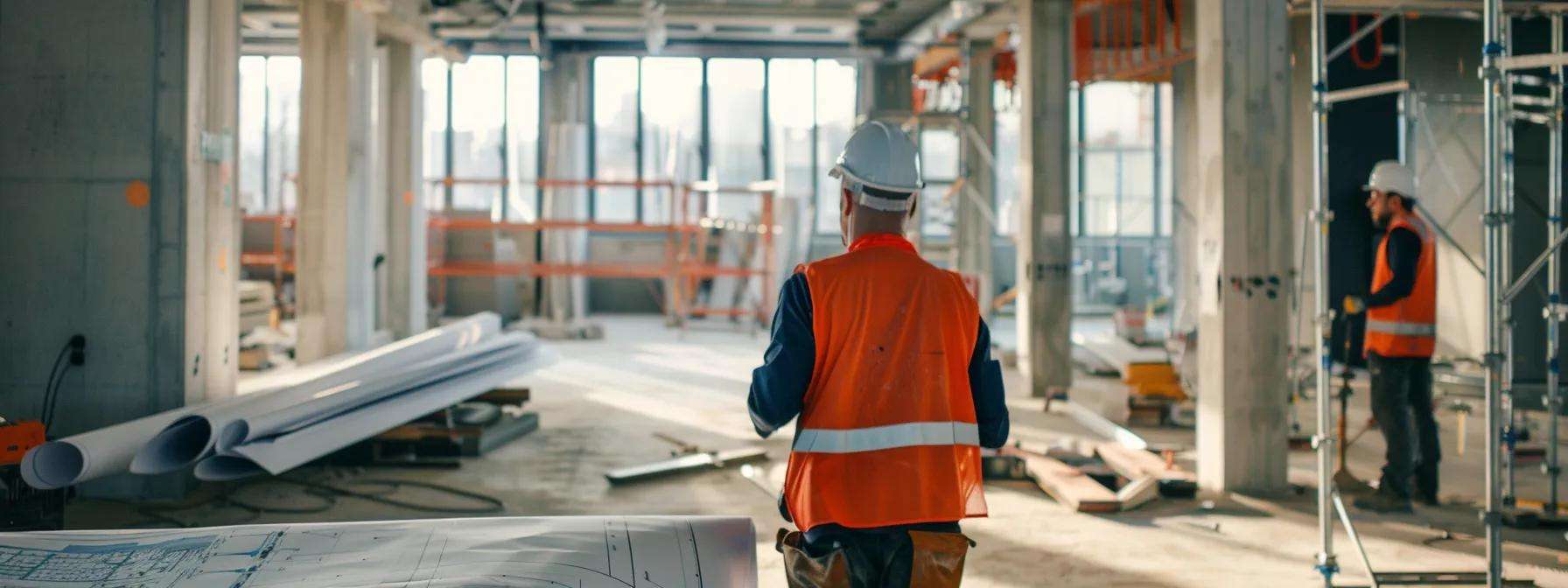 a bustling urban construction site showcases commercial roofing experts meticulously reviewing detailed blueprints under stark fluorescent lights, emphasizing compliance with north jersey's stringent building codes for safety and energy efficiency.