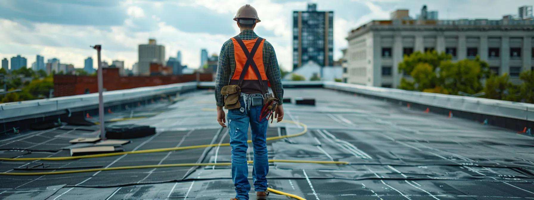a certified roofing contractor meticulously inspects a large commercial flat roof, equipped with advanced digital tools and surrounded by modern high-rise buildings, showcasing the precision and expertise required for complex roofing services.