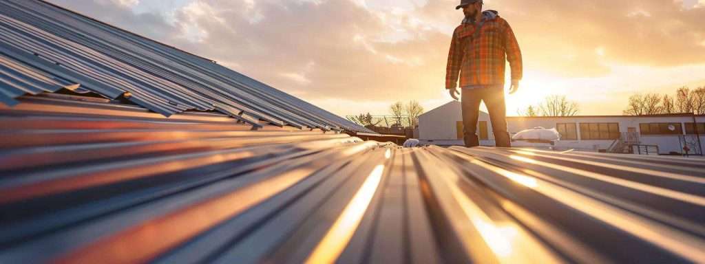 a commercial roofing contractor inspects a robust metal roof while surrounded by various roofing samples and tools in a well-lit urban construction office, highlighting the careful evaluation process for selecting the ideal roofing material based on specific regional needs.