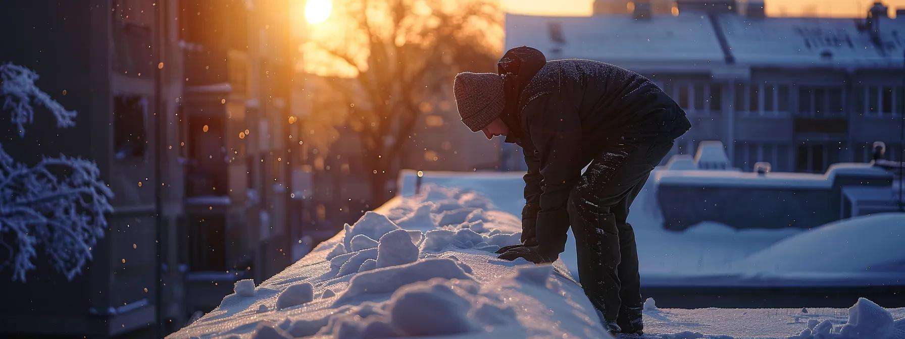 a commercial rooftop, covered in a thick layer of snow, features a technician carefully inspecting the roof's membrane under the soft glow of artificial lighting, illustrating the importance of thorough winter maintenance in preventing structural damage.