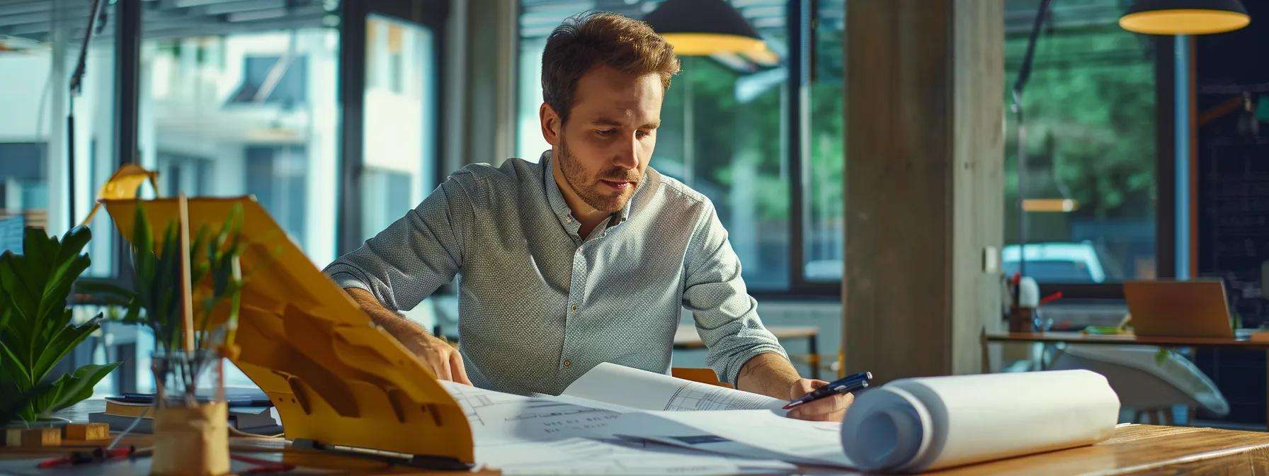 a confident contractor reviews a detailed roofing contract during a pre-repair meeting, surrounded by blueprints and project schedules in a modern office setting, emphasizing clarity and professionalism in the flat roof repair process.