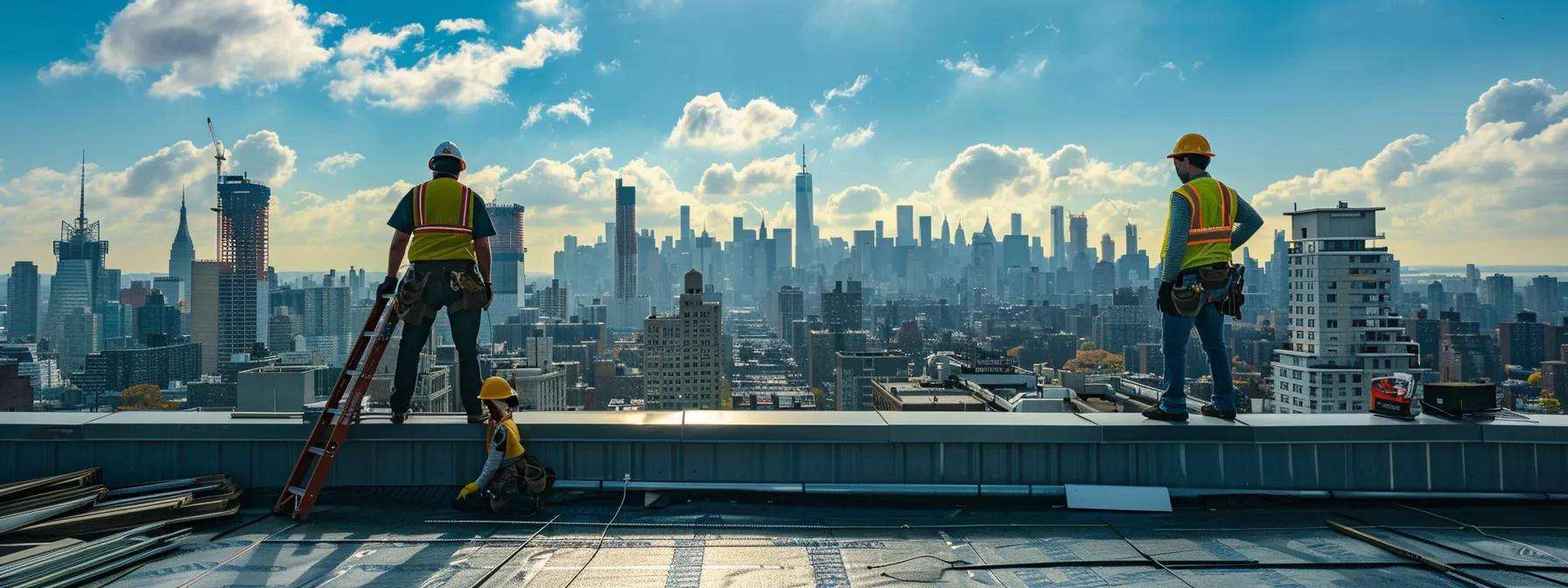 a dynamic urban rooftop scene featuring skilled contractors in hard hats performing various commercial roofing tasks, showcasing an array of materials and tools against the backdrop of a bustling north jersey skyline.