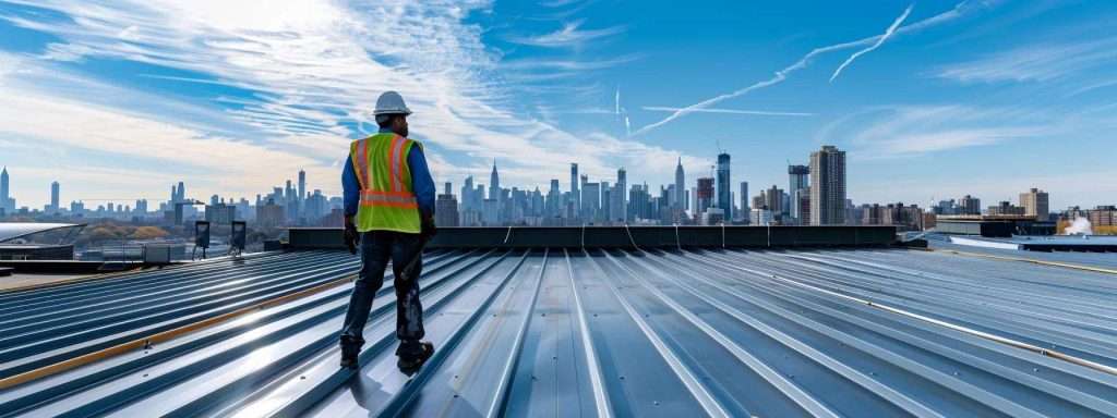 a dynamic urban rooftop scene in north jersey showcases a local commercial roofing contractor expertly inspecting a newly installed, sleek metal roof, with the city skyline in the background under bright, clear sunlight.