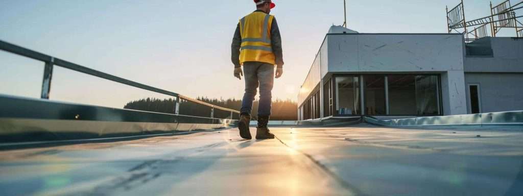 a focused high-angle shot of a certified commercial roofing contractor inspecting a well-structured, modern building rooftop under clear blue skies, highlighting the meticulous attention to detail and professionalism in their work.