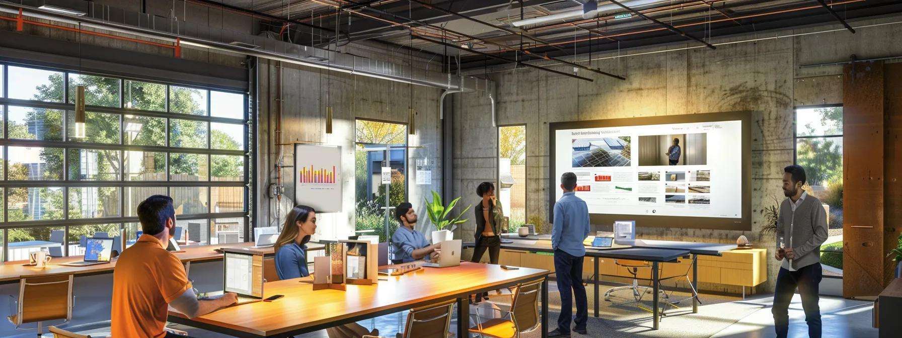 a focused, modern office meeting room, featuring a confident contractor discussing roofing projects with potential clients, surrounded by detailed project plans, color samples, and digital presentations of past work, highlighting professionalism and transparency in the hiring process.