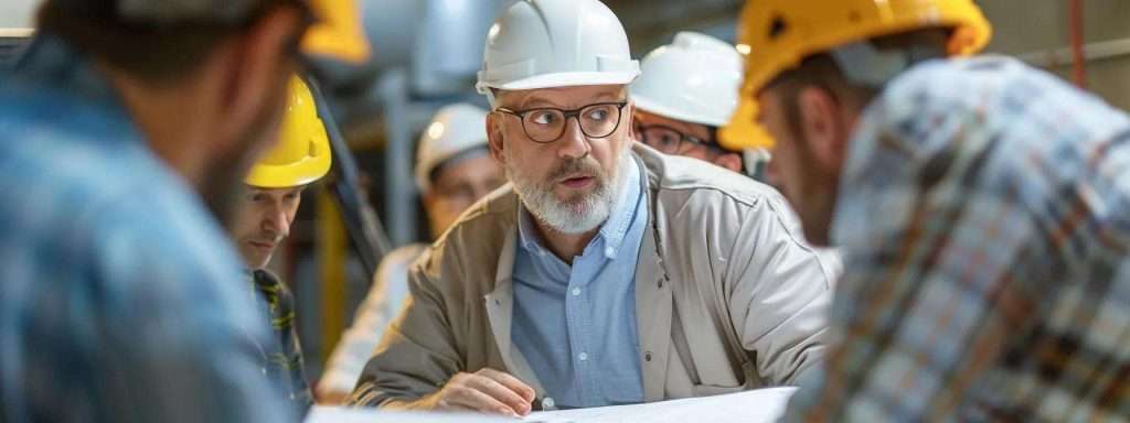 a focused, professional meeting room showcases a diverse group of contractors discussing blueprints and materials for a flat roofing project, illuminated by sharp overhead lighting that highlights their engaged expressions and detailed plans.