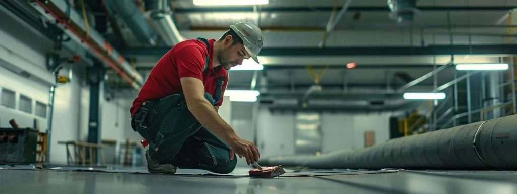 a focused roofing contractor examines the intricate details of a commercial roof with specialized detection equipment under the bright, fluorescent lights of a modern industrial workspace, highlighting the tension between precision technology and hidden structural damage.