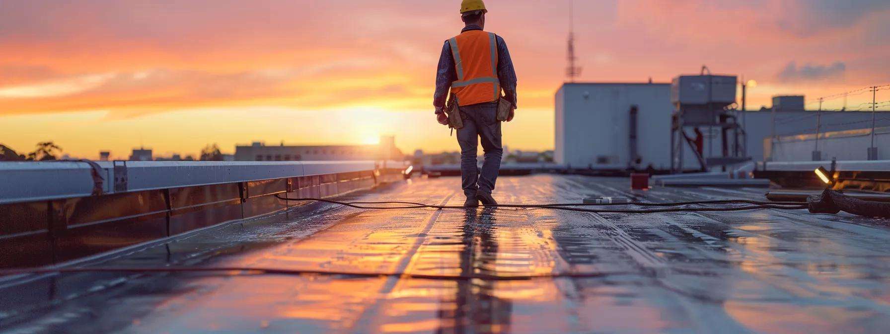 a focused shot of a commercial roofing contractor inspecting a robust, well-installed roofing system atop an urban building, emphasizing the interplay of high-quality materials and modern industry practices under artificial lighting.