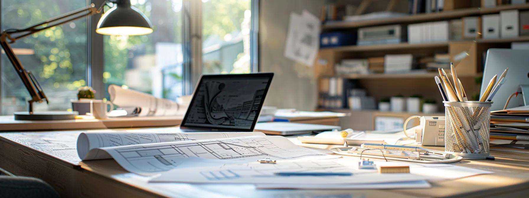 a focused view of an architect's desk in a modern office, cluttered with blueprints, roofing material samples, and a laptop displaying a project timeline, under stark fluorescent lights that highlight the intricacies of commercial roofing planning.
