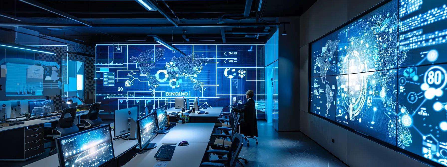 a futuristic office space filled with advanced roofing technology displays ai and iot interfaces on sleek digital screens, showcasing a dynamic collaboration between contractors and remote experts to illustrate the transformation of the commercial roofing industry.