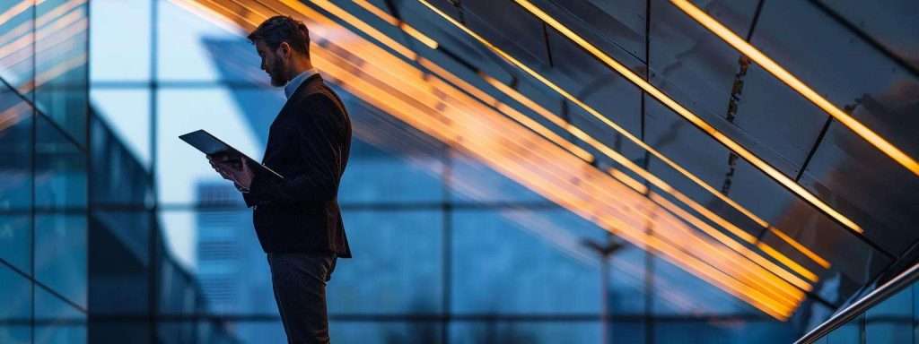 a modern commercial building with a sleek, reflective roof glistening under artificial lighting, showcasing advanced energy-efficient technology while a contractor examines the structure with a digital tablet in an urban setting.