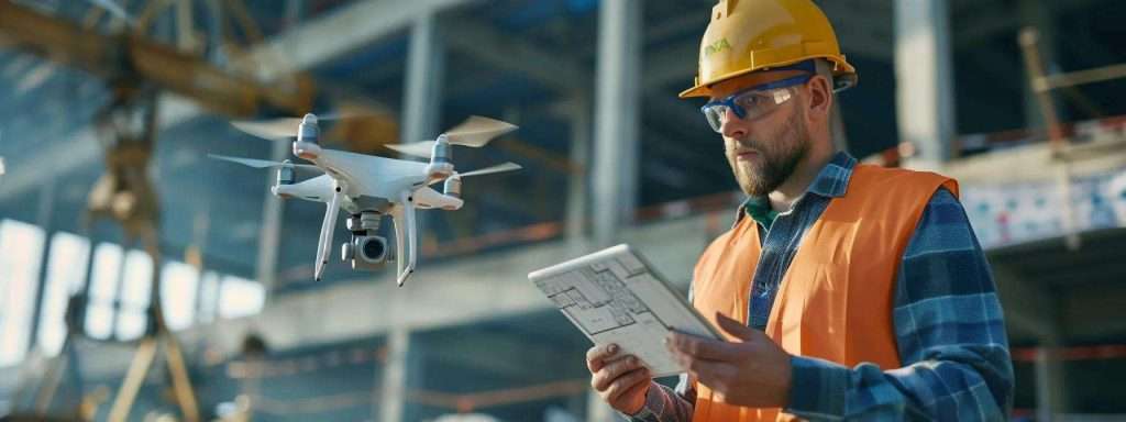 a modern commercial roofing contractor reviews advanced drone technology and digital blueprints on a sleek tablet in a busy construction office, showcasing the transformative impact of technology in the roofing industry.
