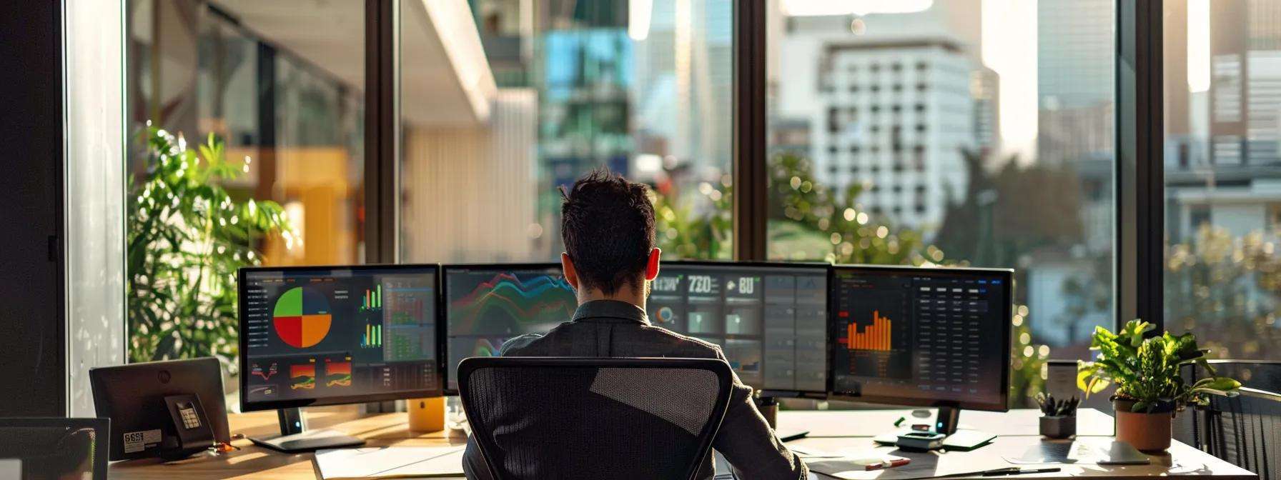 a modern office environment showcases a commercial roofing contractor analyzing advanced sensor data on multiple screens, illuminating the energy savings and performance metrics of recently installed green roofs against a backdrop of urban architecture.