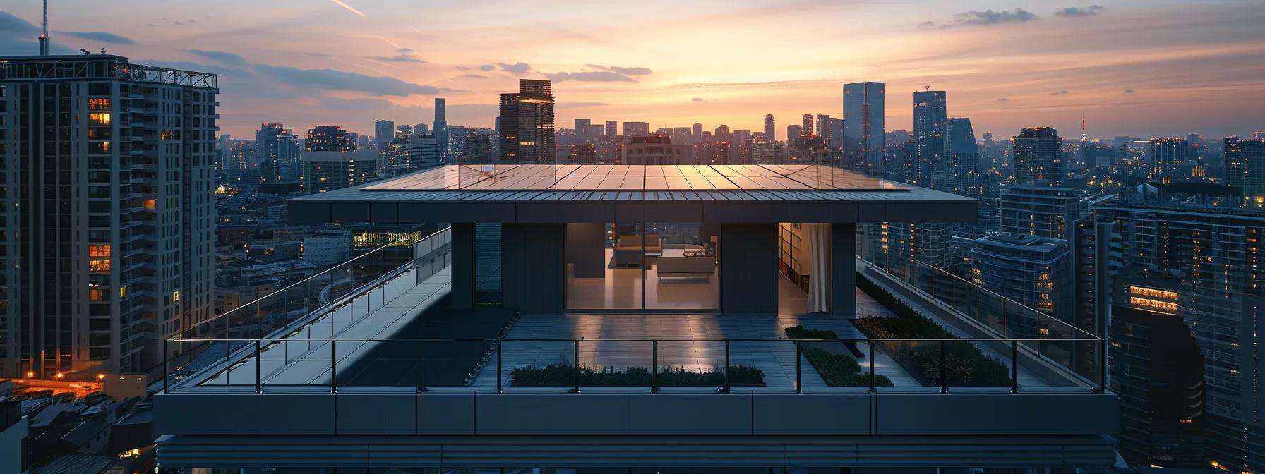 a modern urban rooftop adorned with sleek solar panels and eco-friendly materials, showcasing an innovative sustainable roofing system under the glow of city lights at dusk, emphasizing the blend of energy efficiency and architectural design.