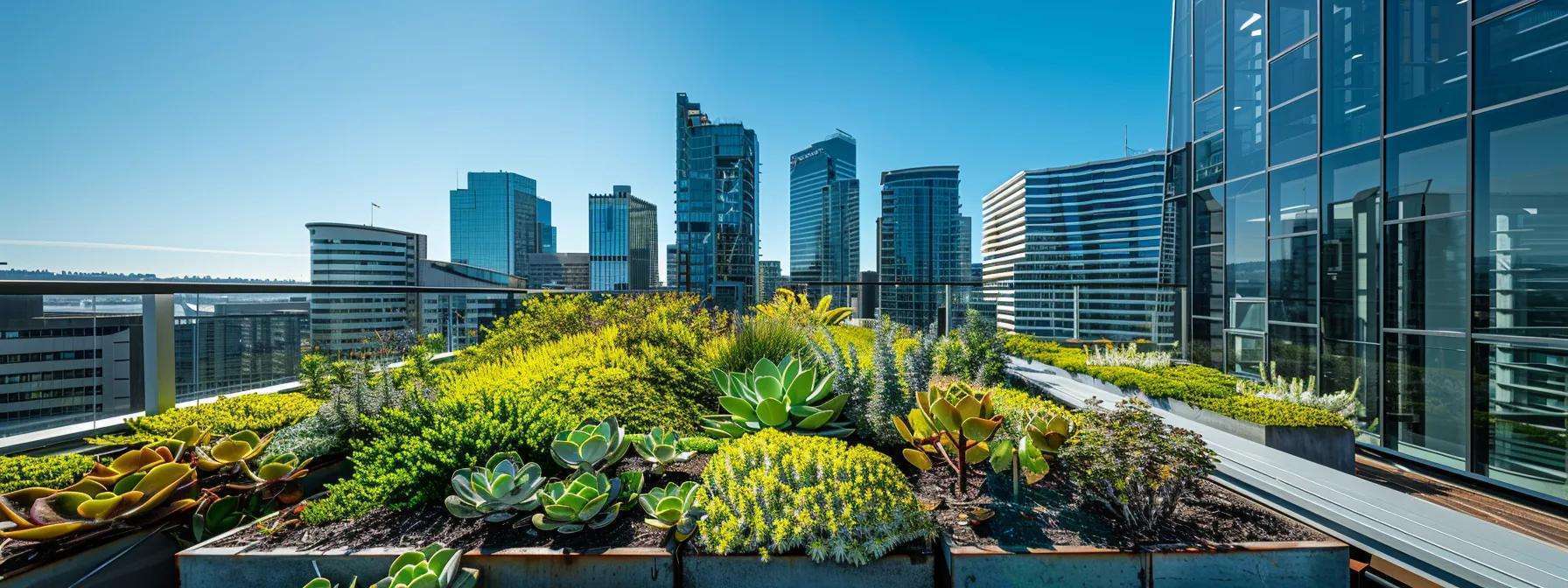 a modern urban rooftop features a vibrant green extensive roofing system, showcasing a blend of succulent plants and innovative design, set against a backdrop of sleek skyscrapers under a clear blue sky.
