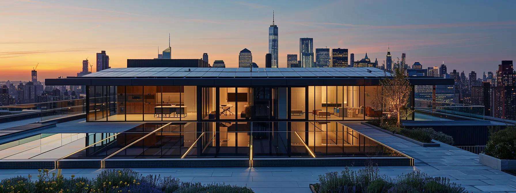a modern urban rooftop showcases a sleek, eco-friendly design featuring reflective solar panels and insulated materials, illuminated by artificial lighting that highlights its innovative features and energy-efficient attributes, set against a twilight city skyline.