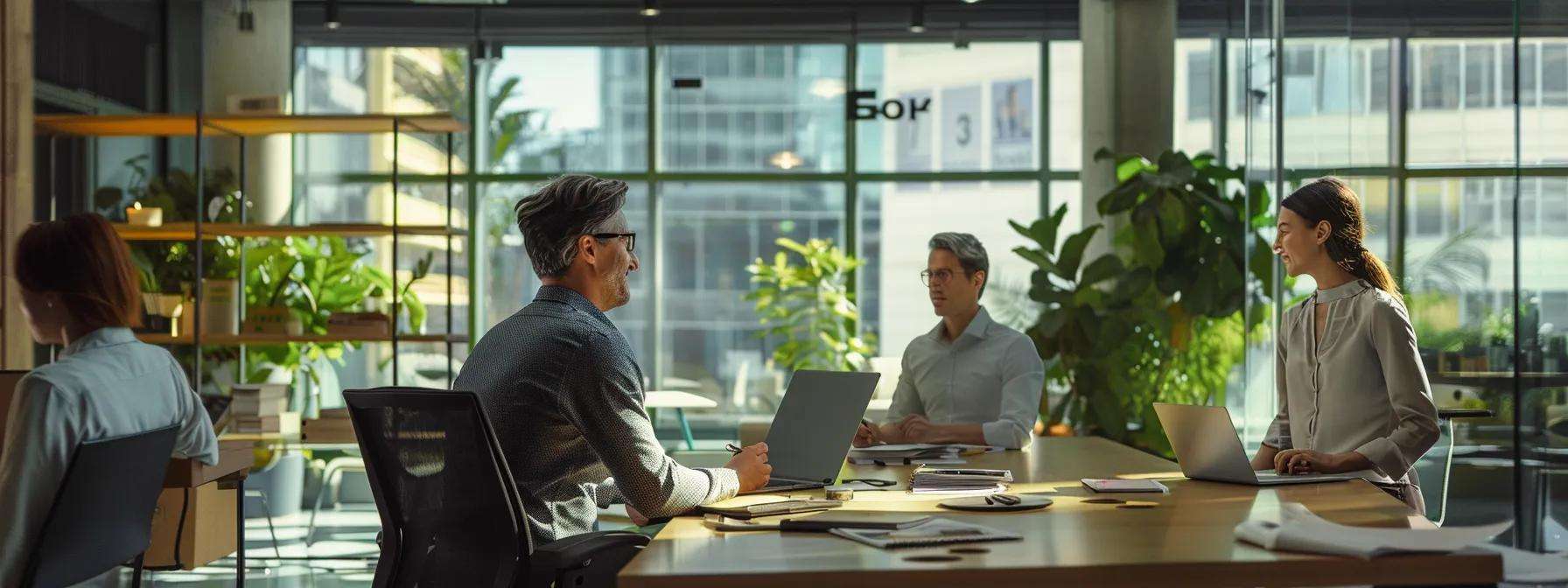 a polished office setting features a confident contractor presenting a detailed project portfolio and customer testimonials to a discerning client, emphasizing professionalism and trustworthiness in commercial roofing.