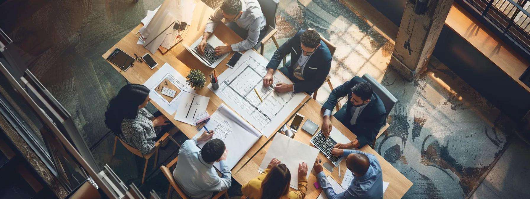 a professional, bustling urban office environment showcases a certified roofing contractor presenting a detailed project proposal to a business owner, highlighting transparency and expertise through well-organized materials and blueprints on a sleek conference table.