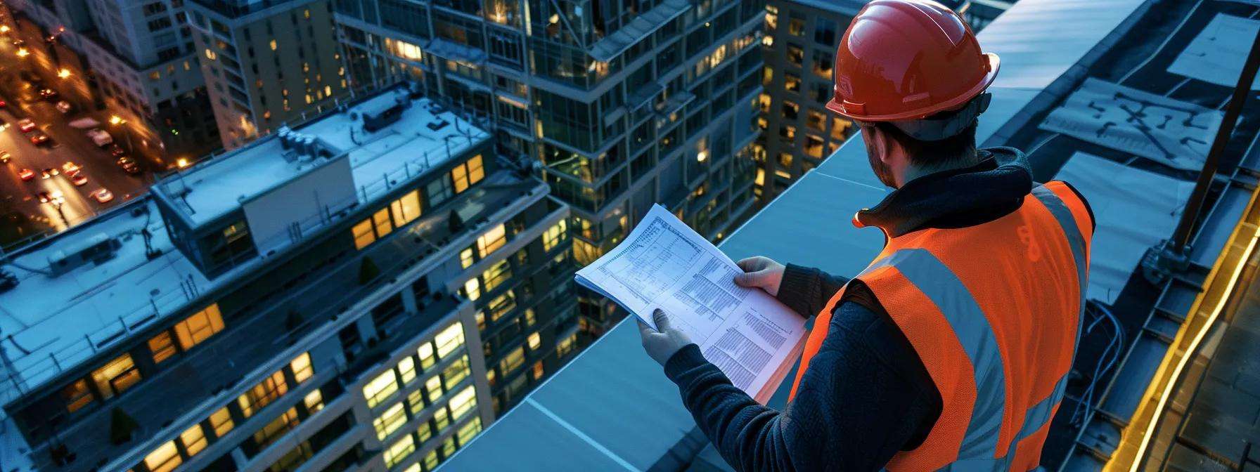 a professional commercial roofing contractor inspects a complex roofing system atop a modern office building, showcasing detailed equipment and documentation while under artificial lighting that highlights their certifications and experience.
