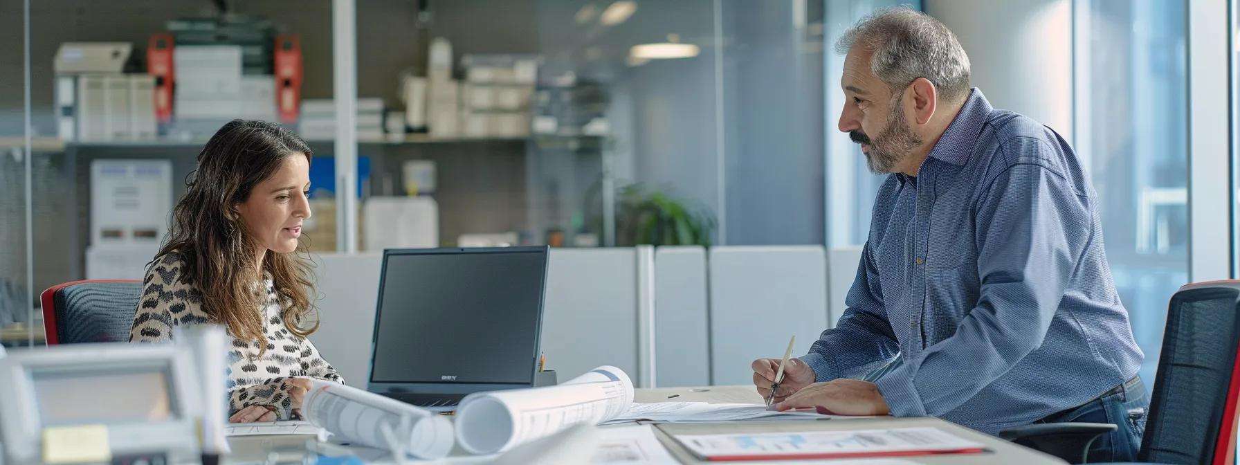 a professional commercial roofing contractor engaged in a detailed discussion with a client inside a modern office, with blueprints and warranty documents prominently displayed on the sleek conference table, highlighting the strong communication and support that underpin their trust-filled relationship.