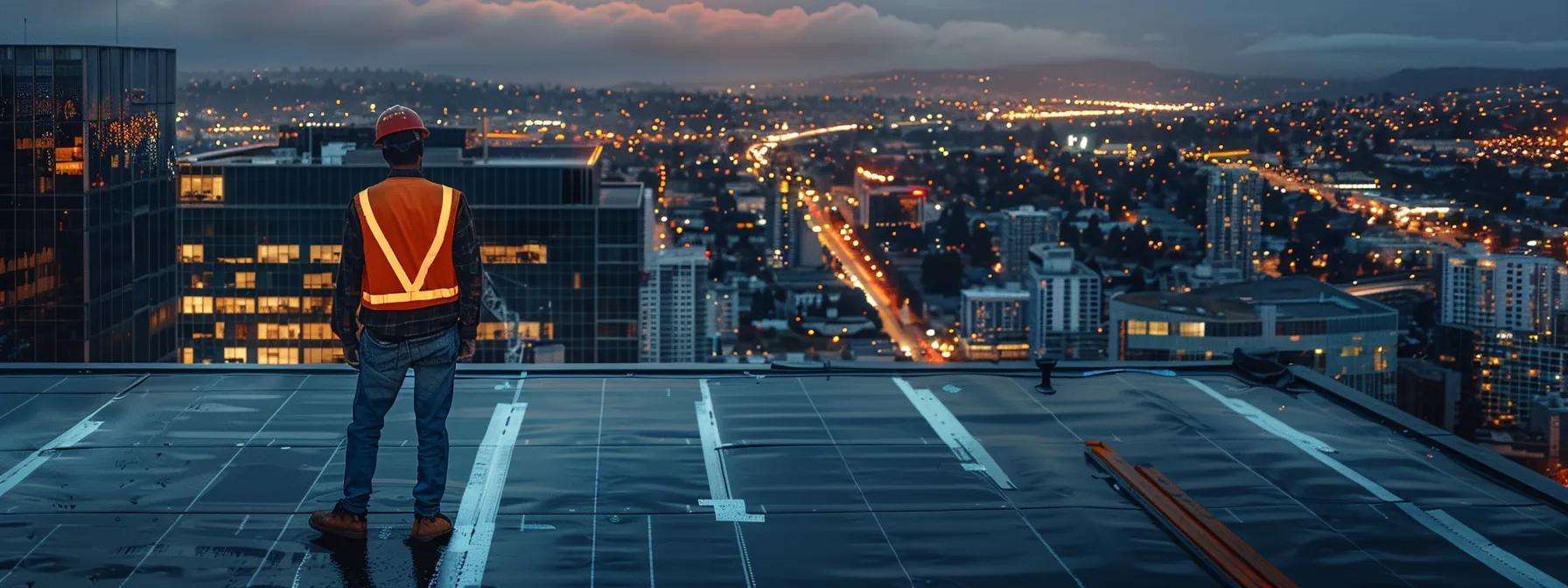 a professional commercial roofing contractor meticulously inspects a robust, newly installed roofing system atop a modern urban building, illuminated by bright artificial lights that accentuate the precision and quality of the materials used.