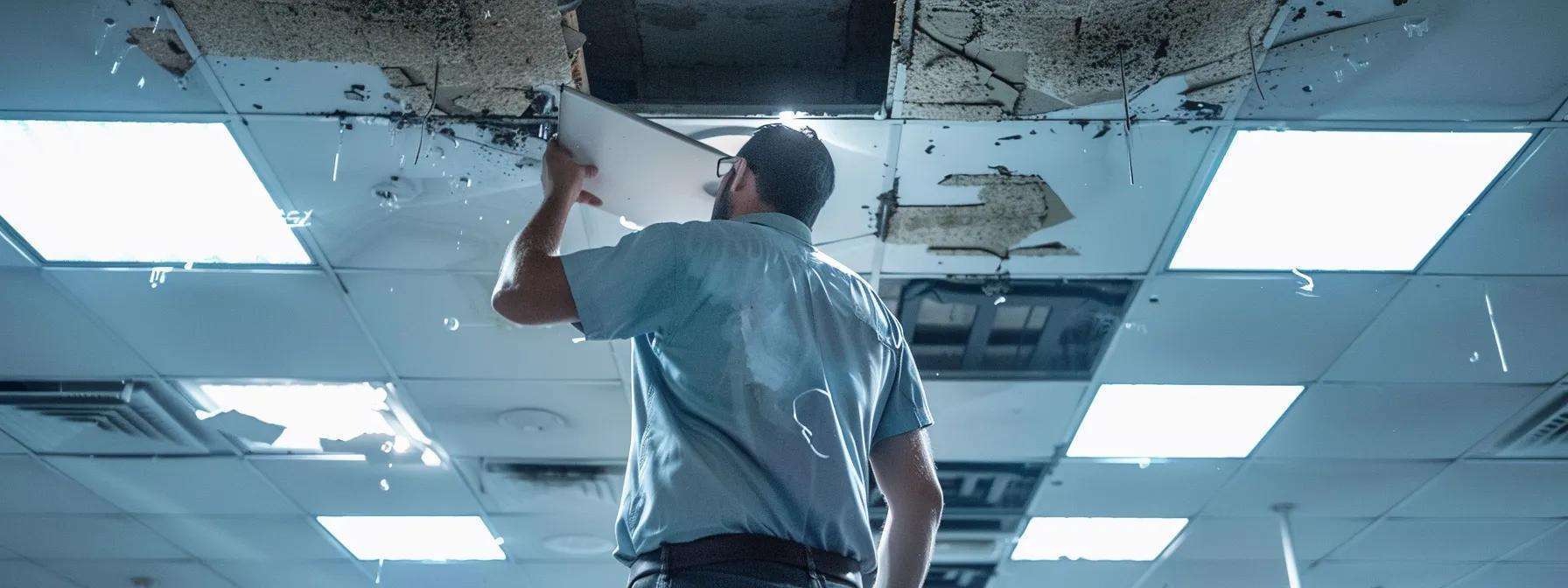 a professional facility manager inspects a commercial roof, highlighting visible signs of damage such as curling shingles and water stains on ceiling tiles, under the harsh fluorescent lighting of an urban office setting.