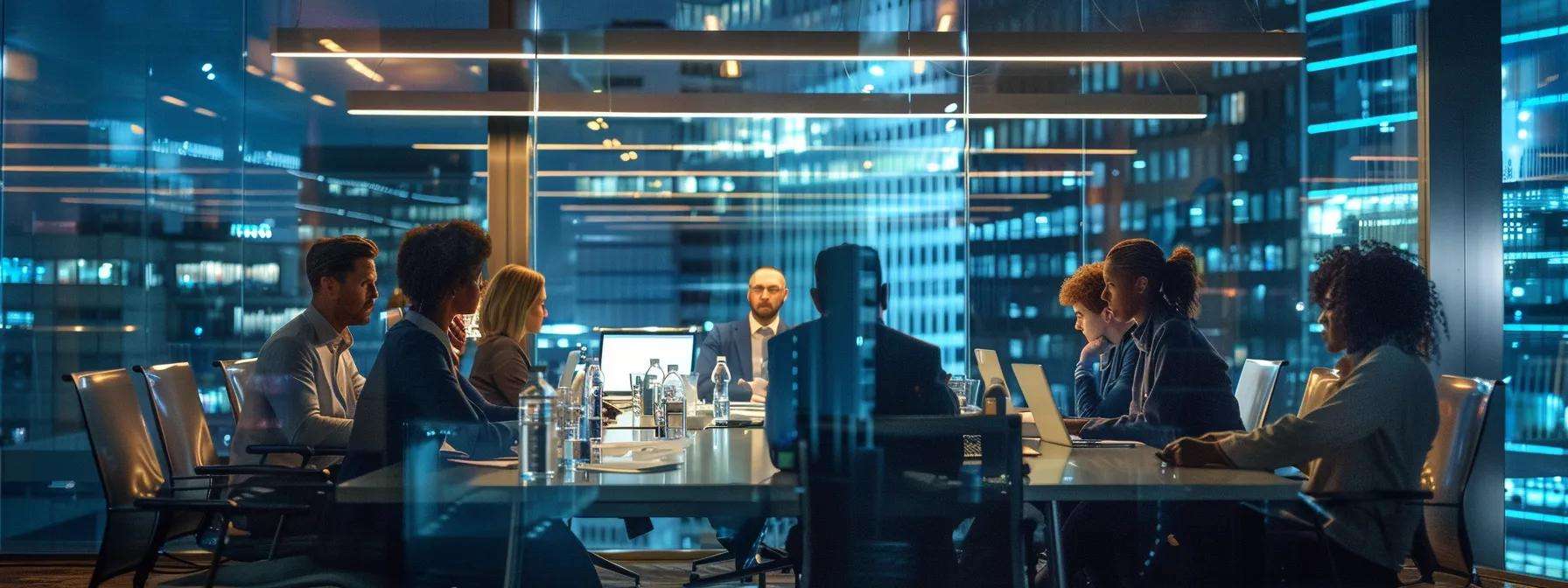 a professional meeting room in a sleek office environment features a diverse group of business owners intently reviewing detailed roofing contract proposals on a polished conference table, illuminated by modern lighting that highlights the importance of informed decision-making.
