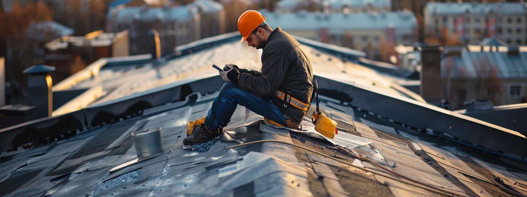 a professional roofer conducts a detailed inspection on a newly replaced commercial roof in an urban setting, surrounded by essential maintenance tools and equipment, highlighting the importance of routine evaluations for optimal roof longevity.
