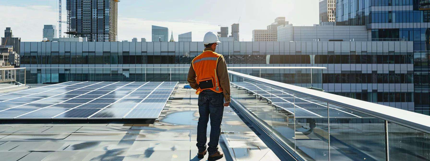 a professional roofing contractor evaluates a commercial building's rooftop, surrounded by advanced energy-efficient materials, with blueprints and solar panel samples on a sleek urban rooftop setting, embodying expertise in sustainable solutions.