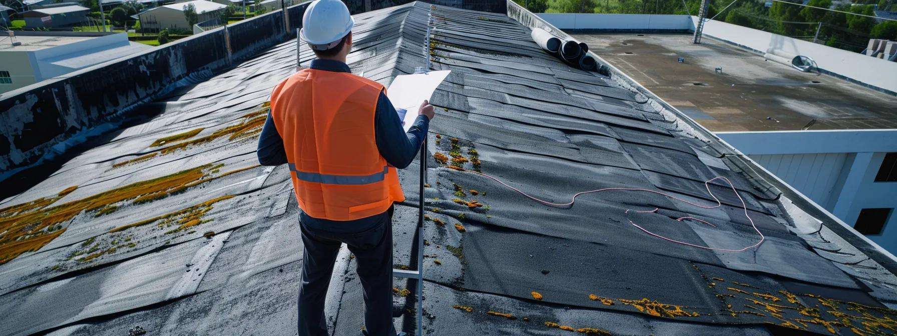 a professional roofing contractor examines a commercial roof with high-tech infrared thermography equipment, surrounded by detailed inspection tools and documentation in a modern office setting, illustrating a thorough energy audit process for cost-saving improvements.