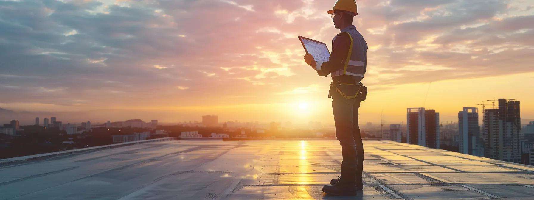 a professional roofing contractor confidently inspects a modern flat roof with advanced safety equipment and digital project plans on a sleek tablet, against the backdrop of an urban skyline.