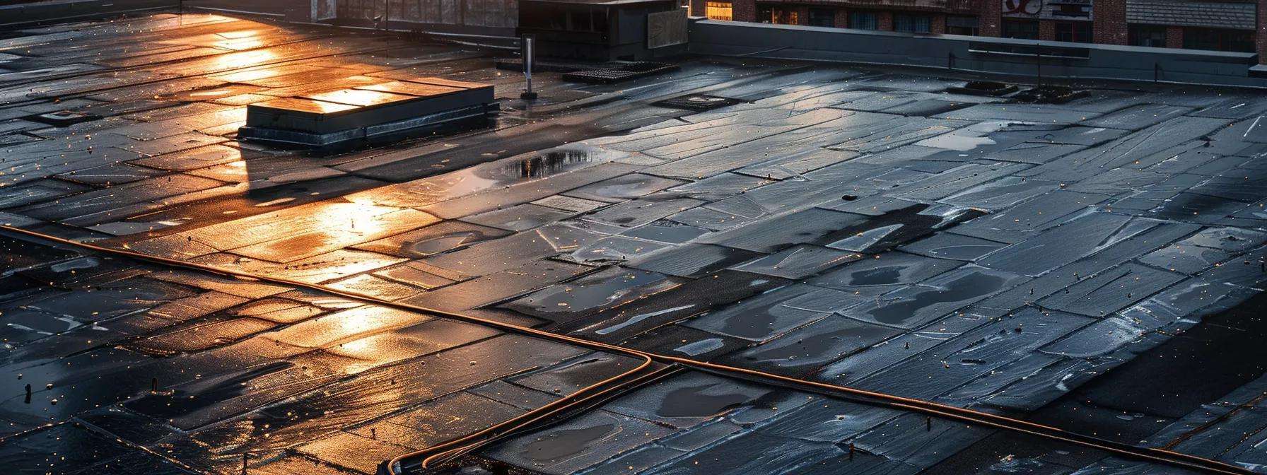 a robust commercial rooftop with visible signs of wear, showcasing diverse weather exposure and material textures under dramatic urban lighting, effectively illustrating the key factors influencing roof longevity.