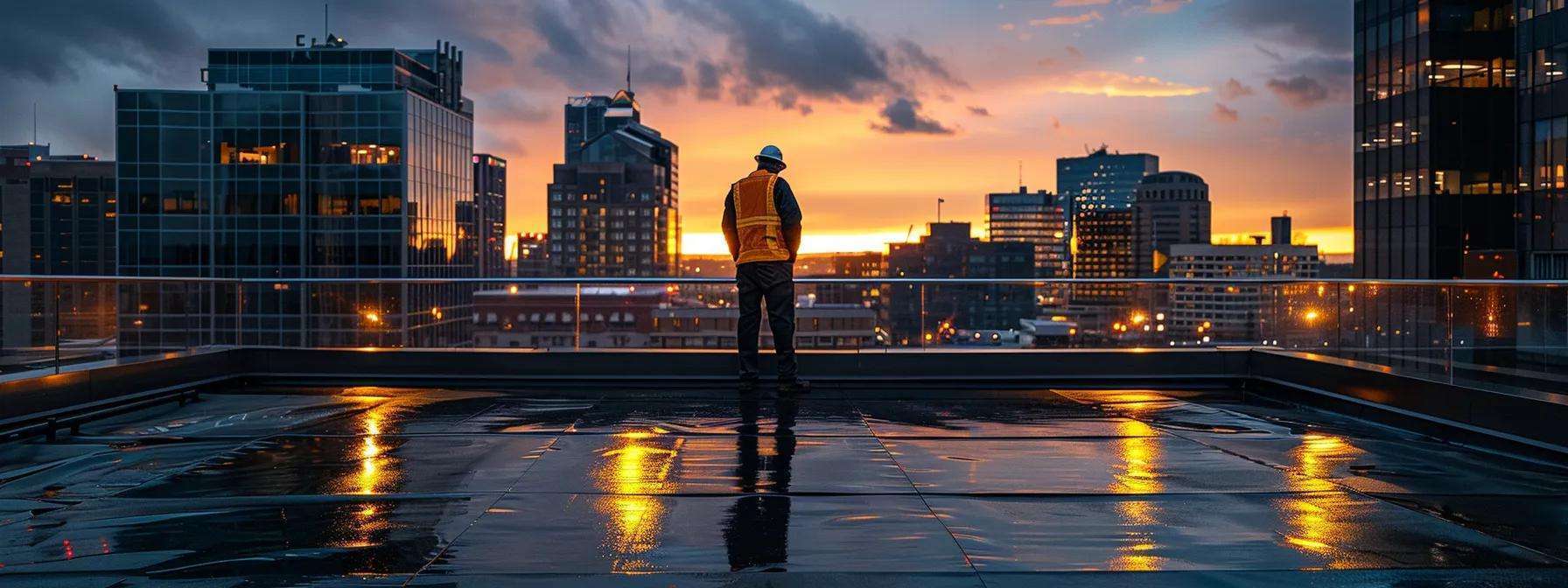 a seasoned roofing technician carefully inspects a commercial rooftop, surrounded by modern urban buildings, under the dramatic contrast of bright overhead lights highlighting the importance of proactive maintenance and inspection services.
