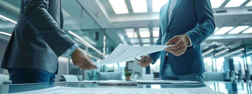 a sharply focused interior office scene showcases a professional contractor presenting a detailed commercial roofing warranty document on a sleek conference table, accentuated by modern office decor and thoughtfully arranged lighting that highlights the importance of informed decision-making in construction.