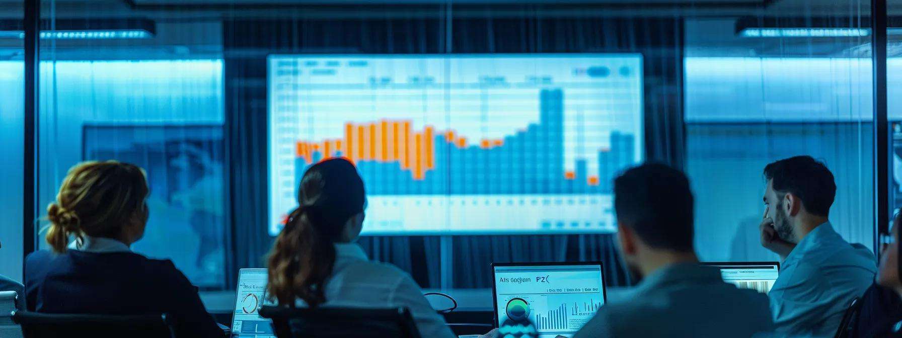 a sharply focused office conference room filled with serious professionals analyzing a detailed financial projection on a large screen, emphasizing the critical importance of budget management in commercial roofing projects.