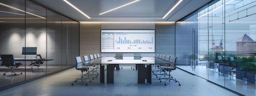 a sleek conference room in a modern high-rise office features a large digital screen displaying detailed roofing project cost estimates and charts, illuminated by soft overhead lighting that emphasizes a professional atmosphere.