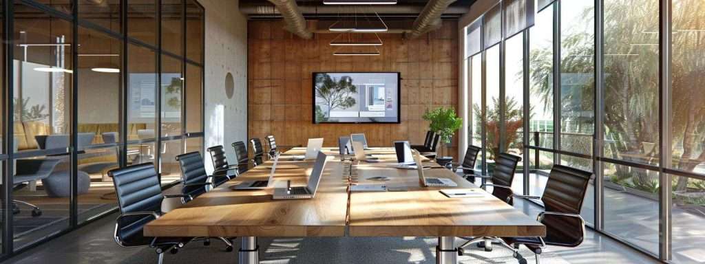 a sleek, modern office conference room showcases a textured metal roofing sample prominently displayed on a polished table, surrounded by design sketches and high-end laptops, emphasizing a discussion on commercial roofing options.
