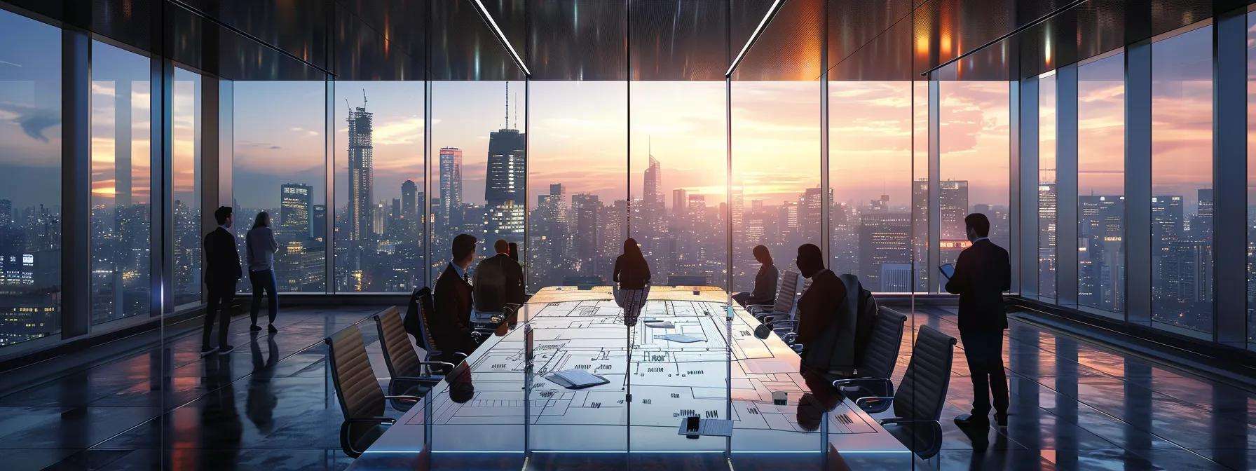 a sleek, modern office conference room is filled with professionals discussing a detailed blueprint of a commercial roofing project, showcasing large windows that highlight the city skyline in the background, emphasizing strategic planning and maintenance for maximizing investment returns.