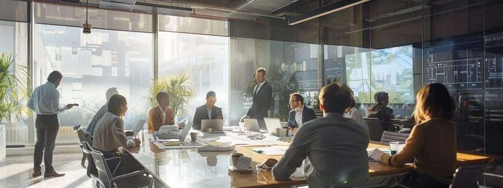a sleek, modern office interior showcases a team of professionals gathered around a large conference table, intently discussing blueprints and plans for a commercial roofing project, emphasizing collaboration and problem-solving to prevent water damage.