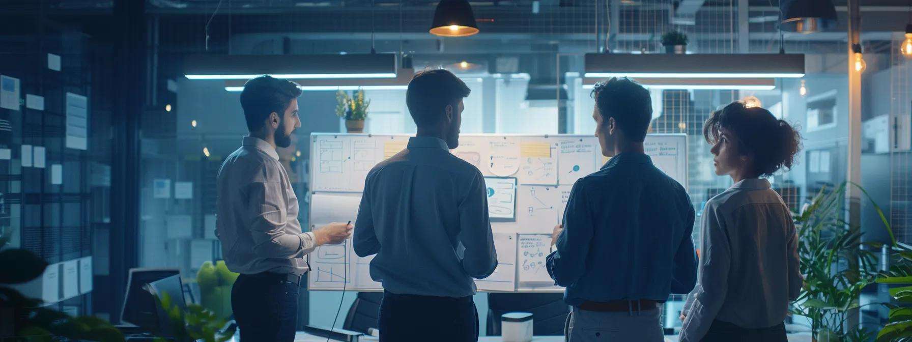 a sleek, modern office space filled with architectural blueprints and construction materials, showcasing a focused team discussing a comprehensive roofing project timeline pinned on a whiteboard, illuminated by bright overhead lights.