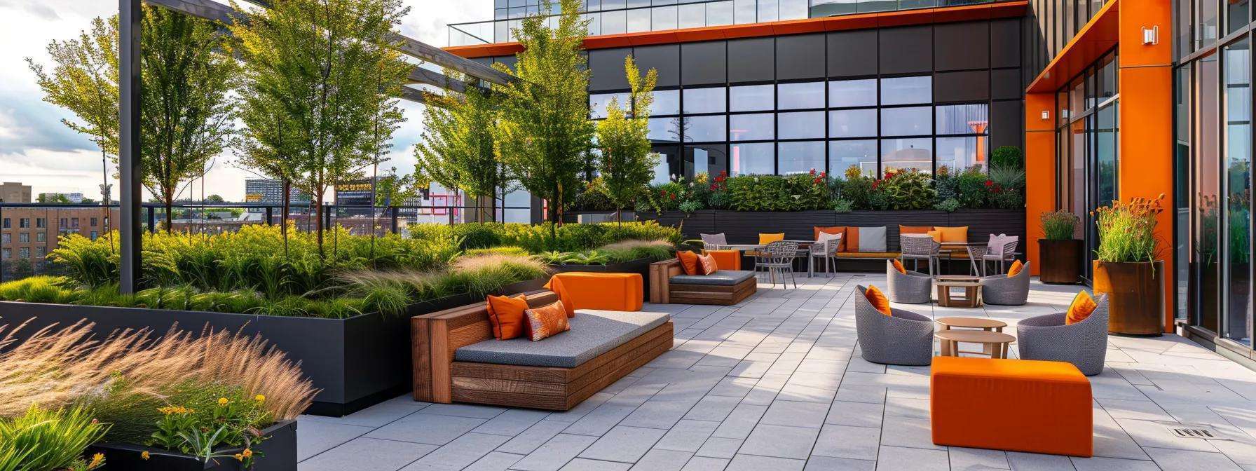 a sleek urban rooftop garden atop a modern commercial building, featuring vibrant planters and comfortable seating areas, highlighting the blend of aesthetics and functionality in enhancing tenant satisfaction and energy efficiency.