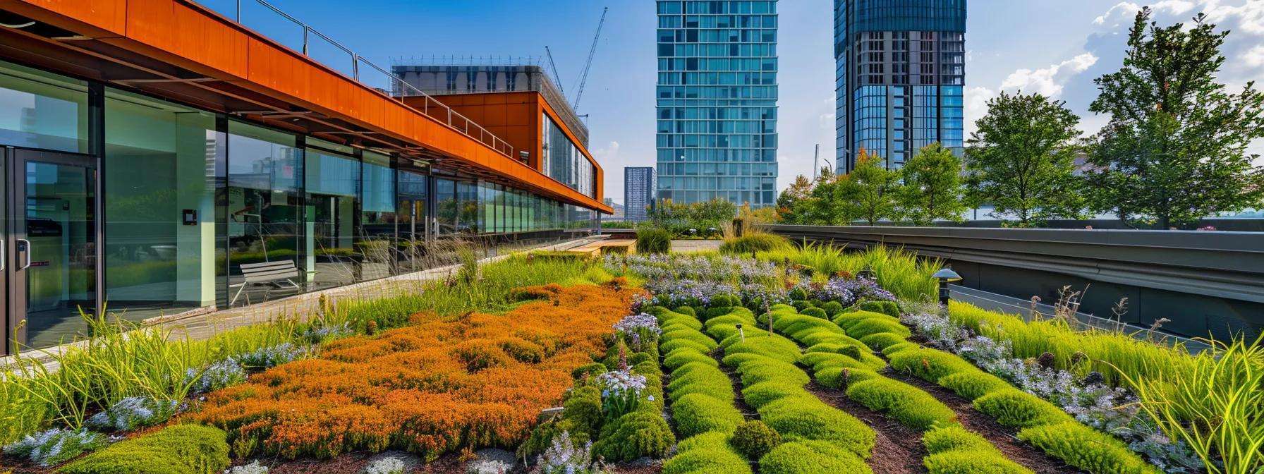 a sleek urban rooftop garden with a vibrant green roof, showcasing a modern commercial building in the background, emphasizing innovative sustainability and long-term cost efficiency in property management.