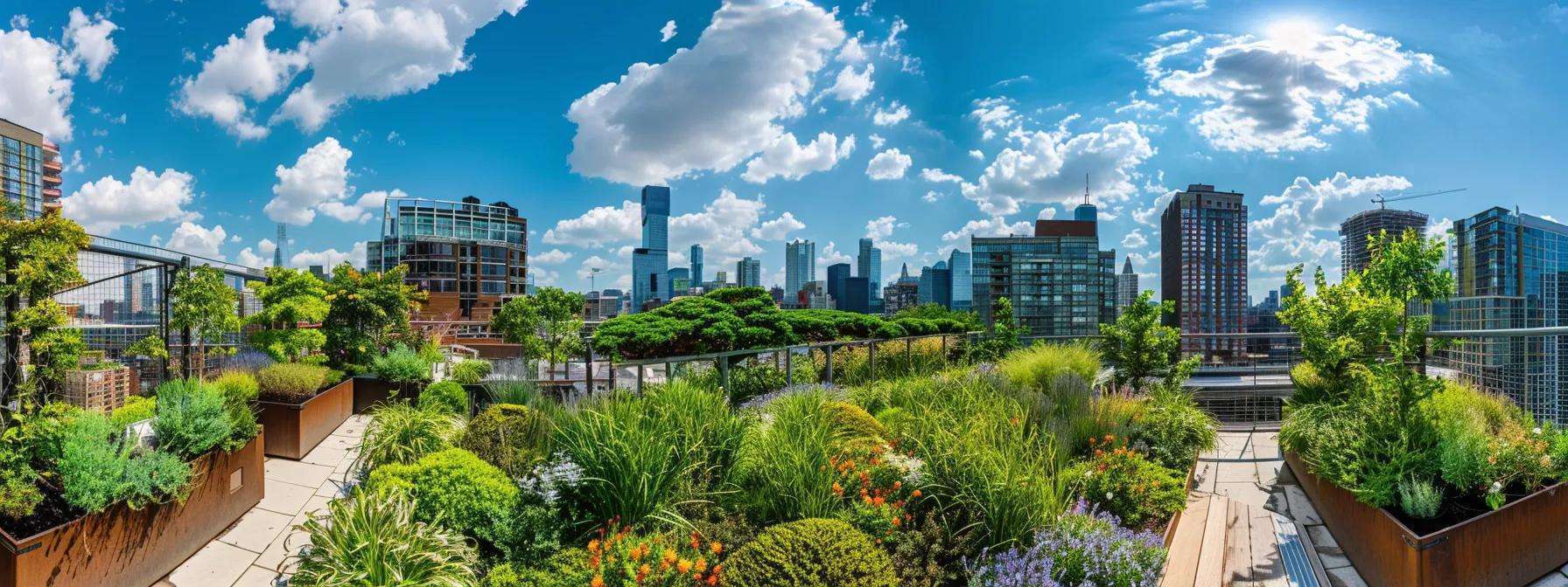 a vibrant urban rooftop garden showcases a lush green roof adorned with diverse plant species, surrounded by a modern city skyline, demonstrating its role in sustainability and energy efficiency through its serene ambiance and ecological impact.