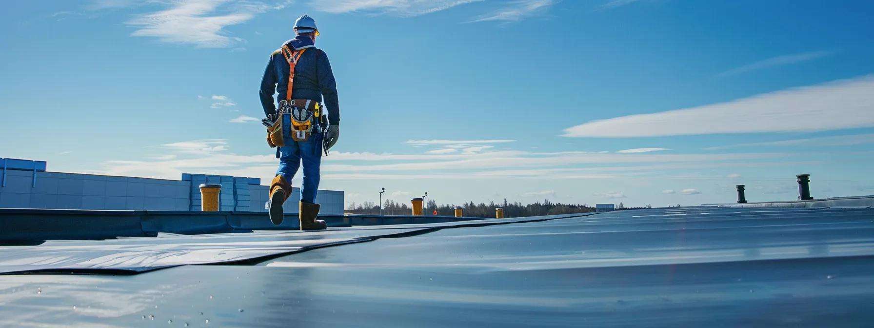 a well-equipped commercial roofing contractor meticulously inspecting a flat rooftop, surrounded by various tools and safety gear, under a clear blue sky that highlights the complex structures and seasonal maintenance tasks involved.