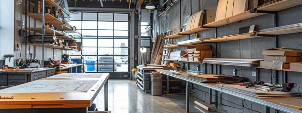 a well-organized commercial roofing contractor's office, showcasing an array of professional tools and equipment neatly arranged on sturdy metal shelves, with blueprints of roofing designs prominently displayed on a polished conference table under bright overhead lighting.