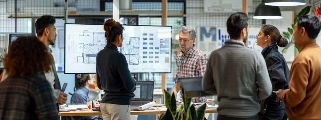 a bustling urban office setting features a diverse group of professionals engaged in a heated discussion about commercial roofing contracts, surrounded by blueprints and digital screens displaying project details, emphasizing the importance of careful hiring decisions in the construction industry.