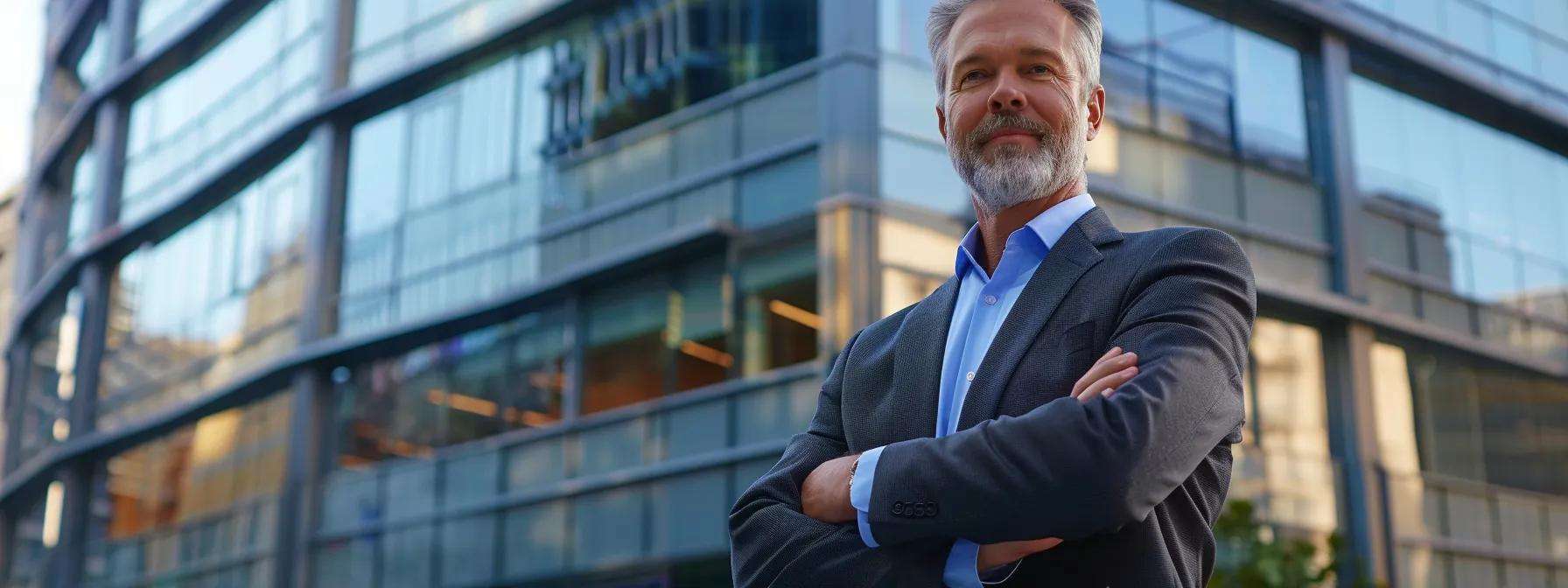 a confident local commercial roofing contractor stands in front of a sleek, modern office building, showcasing a detailed roofing project against a backdrop of urban architecture, emphasizing expertise and community connection.