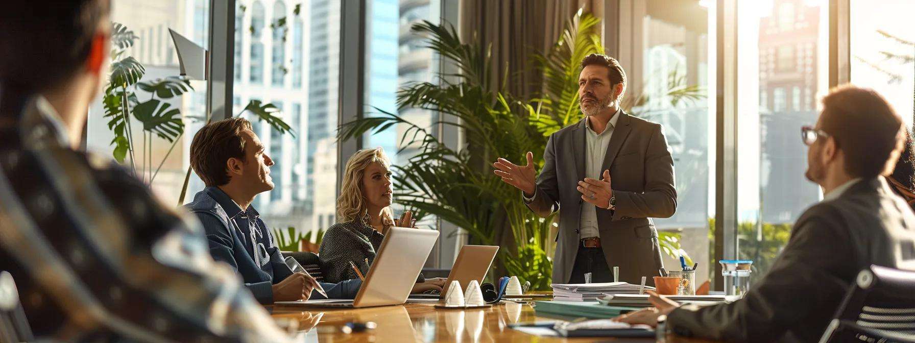 a dynamic office scene featuring a certified commercial roofer presenting a detailed project plan to a group of attentive business owners, showcasing charts and graphs highlighting the long-term cost benefits of professional roofing services with modern urban architecture in the background.