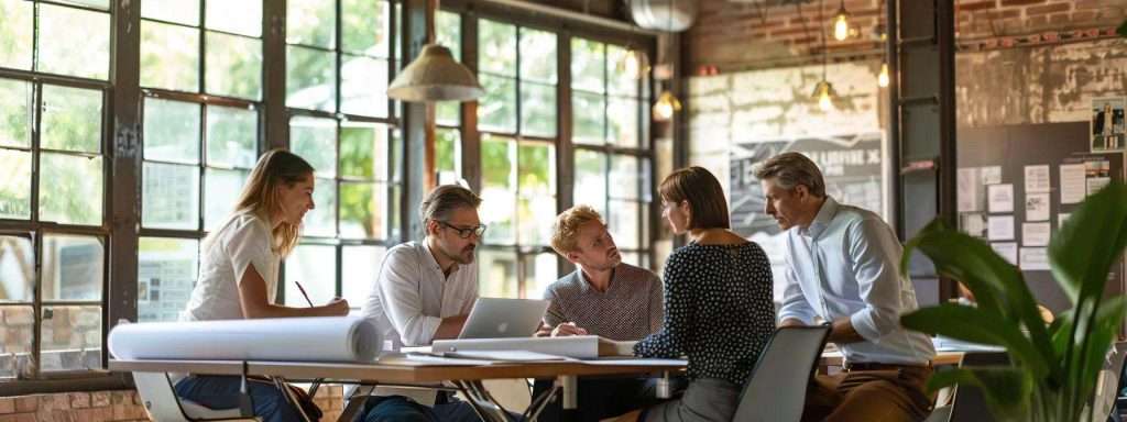 a focused business meeting room showcases a group of engaged business owners in discussion, with blueprints and a laptop open on the table, emphasizing teamwork and decision-making before hiring a commercial roofing contractor.