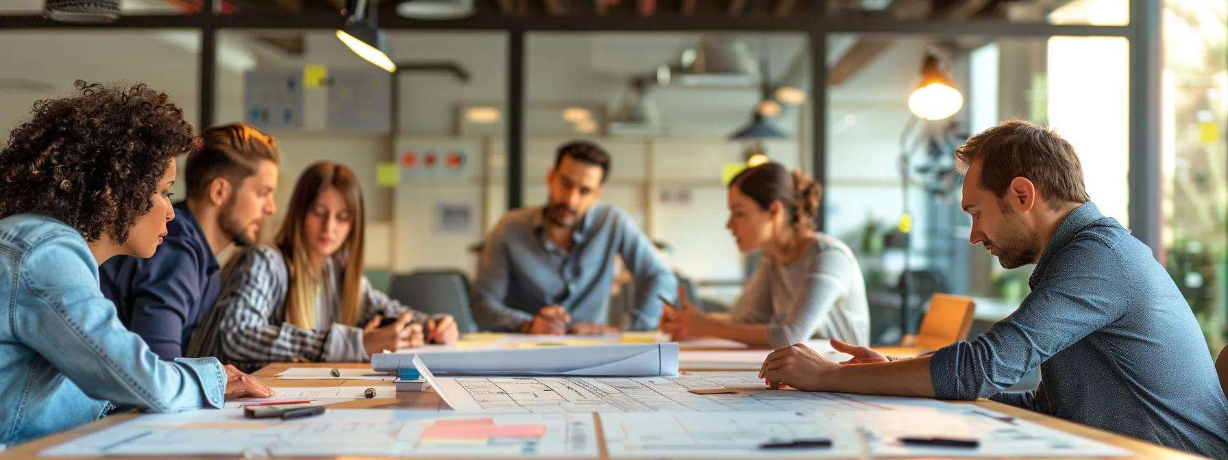 a focused business meeting unfolds in a modern office, featuring a diverse group of professionals engaged in a discussion around a large conference table, with detailed blueprints and roofing material samples prominently displayed, emphasizing the critical evaluation and verification of commercial roofing contractors.